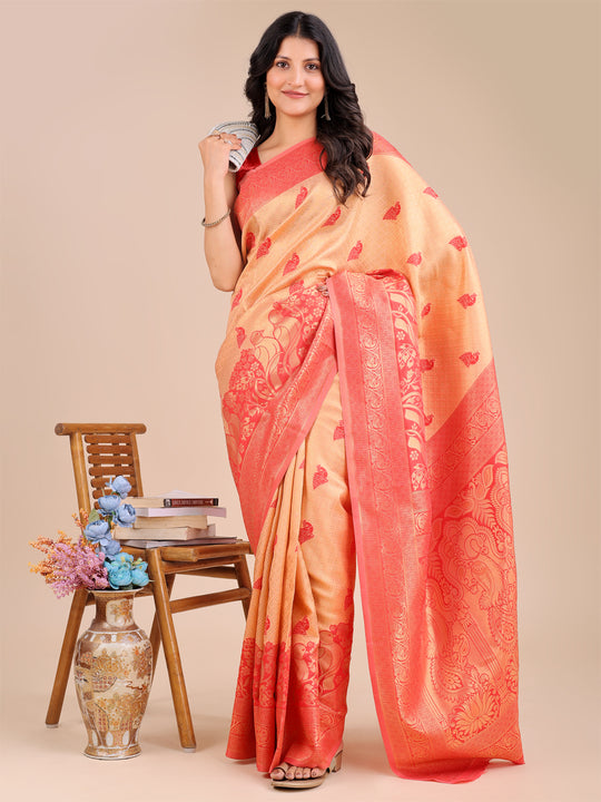 Cream & Red Banarasi Silk Saree With Blouse Piece