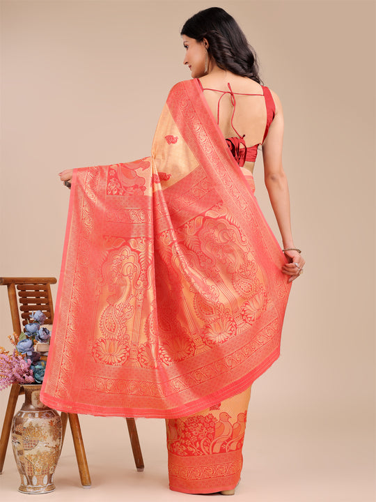 Cream & Red Banarasi Silk Saree With Blouse Piece