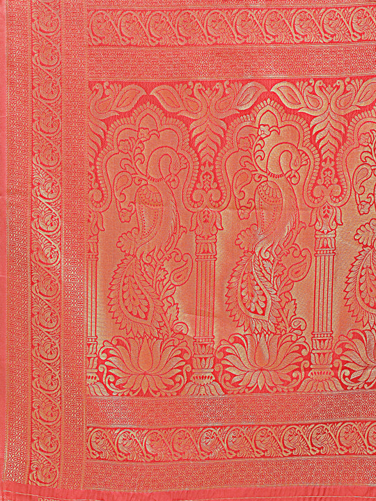 Cream & Red Banarasi Silk Saree With Blouse Piece