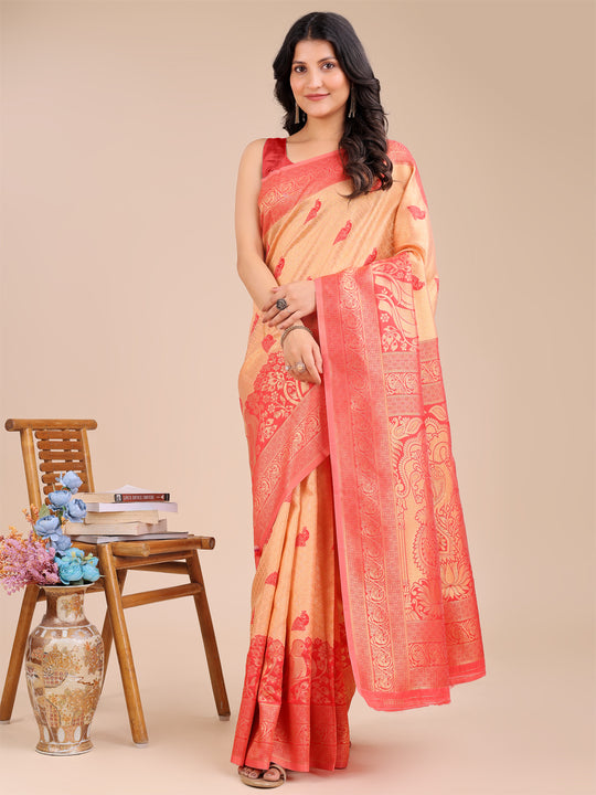 Cream & Red Banarasi Silk Saree With Blouse Piece