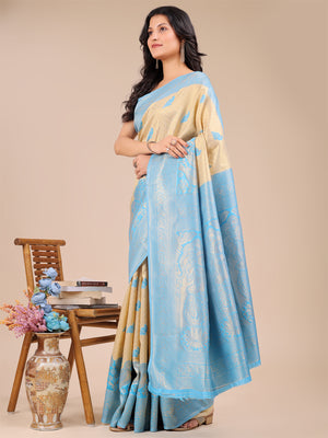 Cream & Sky Blue Banarasi Silk Saree With Blouse Piece