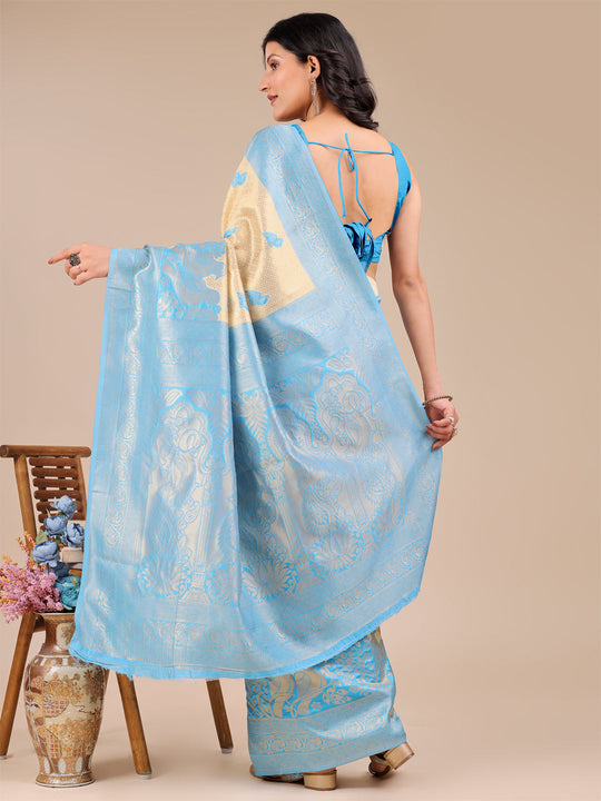 Cream & Sky Blue Banarasi Silk Saree With Blouse Piece