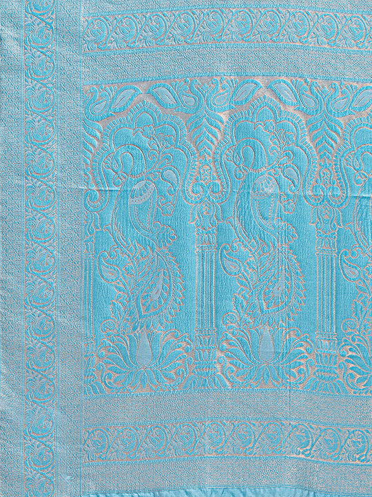 Cream & Sky Blue Banarasi Silk Saree With Blouse Piece