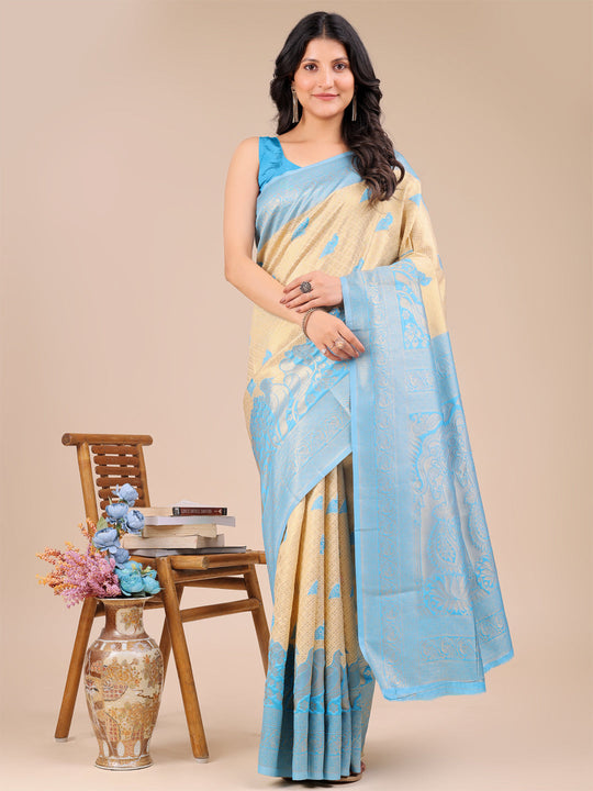 Cream & Sky Blue Banarasi Silk Saree With Blouse Piece
