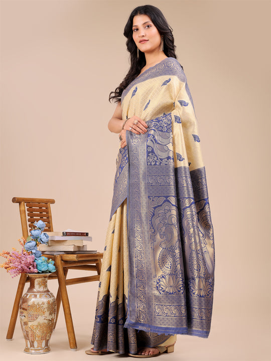 Cream & Navy Blue Banarasi Silk Saree With Blouse Piece