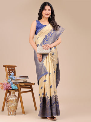 Cream & Navy Blue Banarasi Silk Saree With Blouse Piece