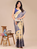 Cream & Navy Blue Banarasi Silk Saree With Blouse Piece