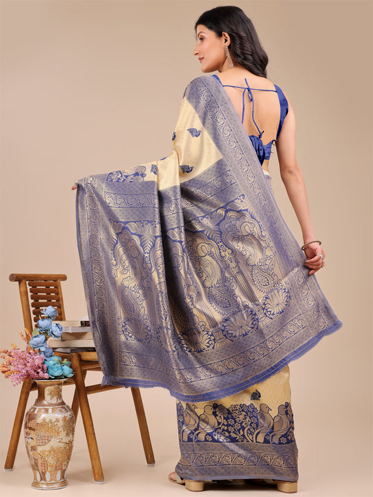 Cream & Navy Blue Banarasi Silk Saree With Blouse Piece