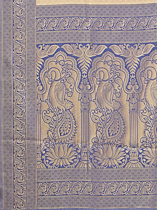 Cream & Navy Blue Banarasi Silk Saree With Blouse Piece