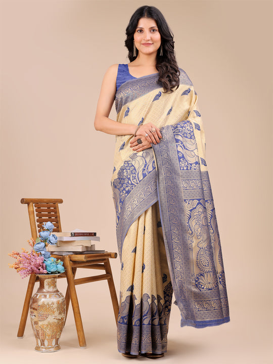 Cream & Navy Blue Banarasi Silk Saree With Blouse Piece