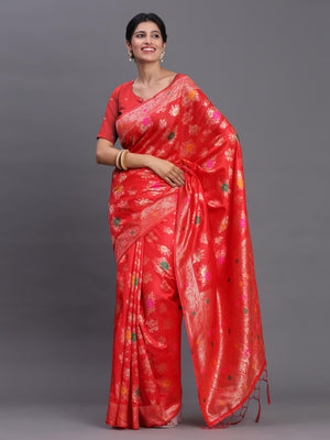 Red Banarasi Silk Saree With Blouse Piece