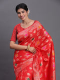 Red Banarasi Silk Saree With Blouse Piece