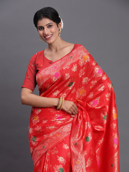 Red Banarasi Silk Saree With Blouse Piece