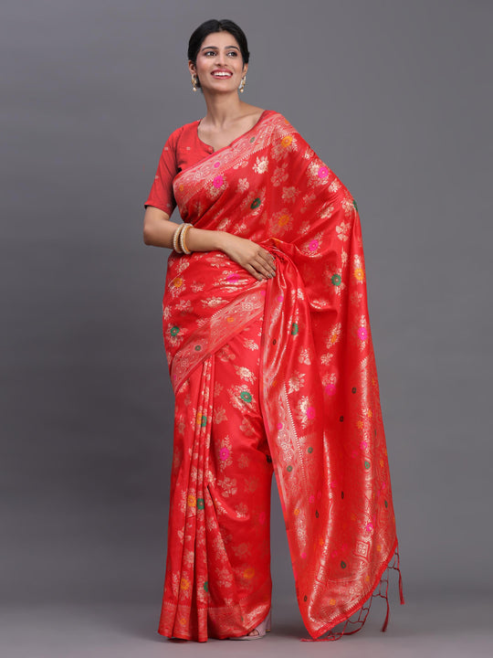 Red Banarasi Silk Saree With Blouse Piece