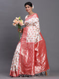 Red & White Banarasi Silk Saree With Blouse Piece