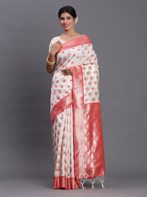 Red & White Banarasi Silk Saree With Blouse Piece