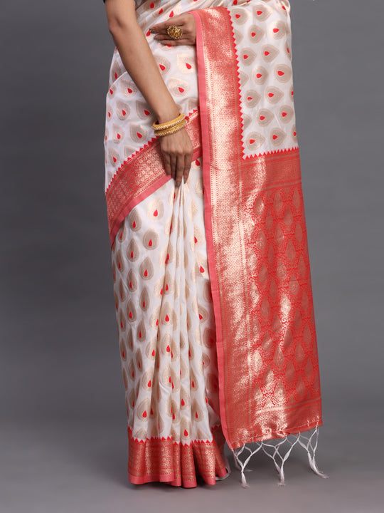 Red & White Banarasi Silk Saree With Blouse Piece