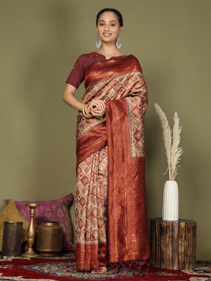Cream Lichi Silk Saree With Blouse Piece
