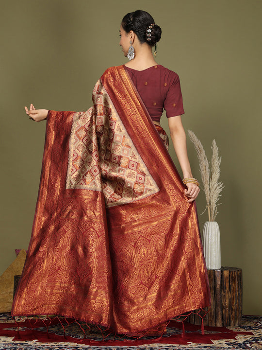 Cream Lichi Silk Saree With Blouse Piece