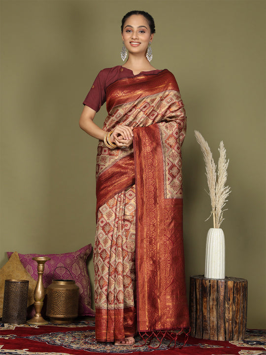 Cream Lichi Silk Saree With Blouse Piece