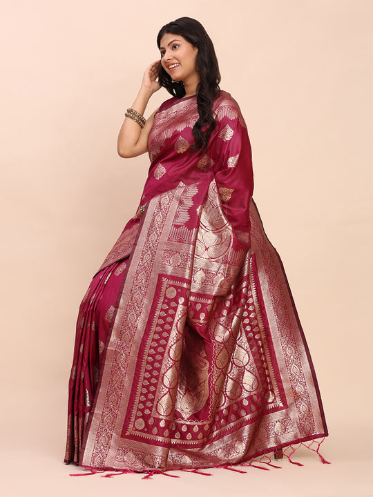 Magenta Banarasi silk Saree With Blouse Piece