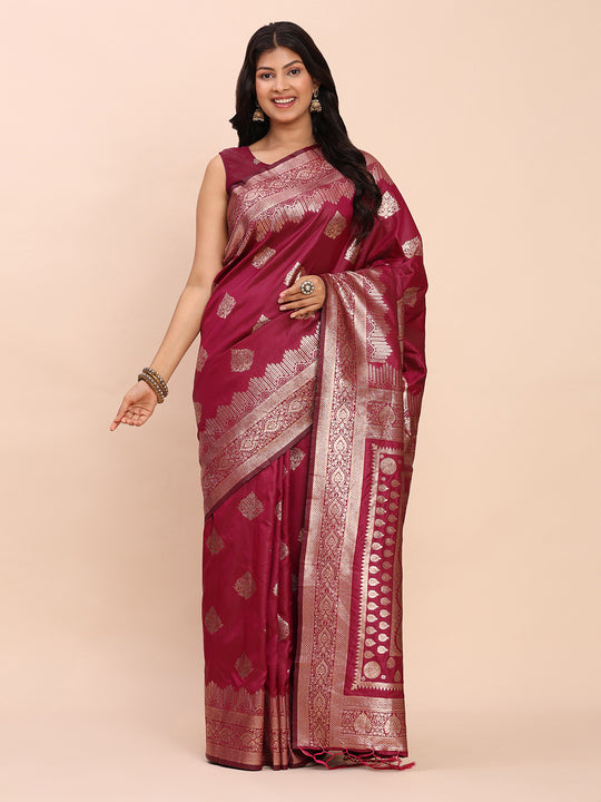 Magenta Banarasi silk Saree With Blouse Piece