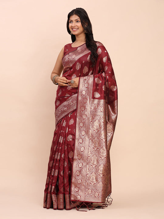 Maroon Banarasi silk Saree With Blouse Piece