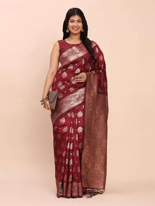 Maroon Banarasi silk Saree With Blouse Piece