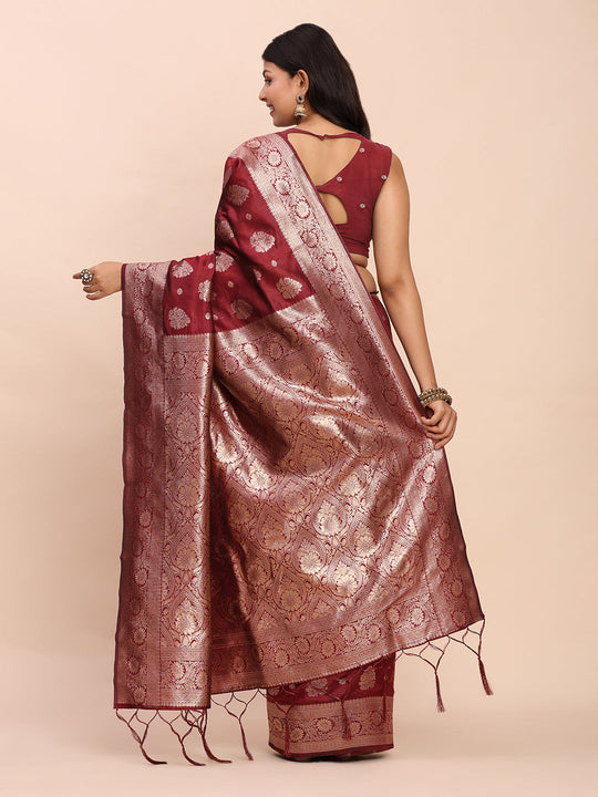 Maroon Banarasi silk Saree With Blouse Piece