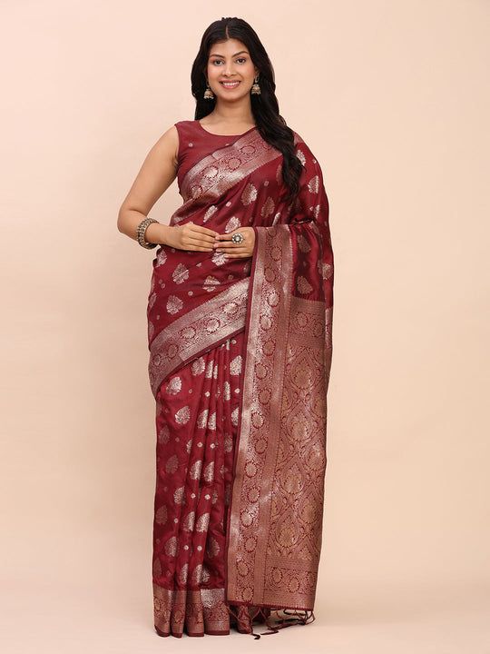 Maroon Banarasi silk Saree With Blouse Piece