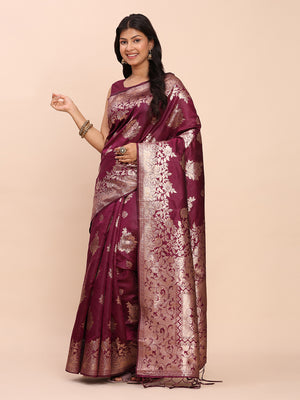 Purple Banarasi silk Saree With Blouse Piece