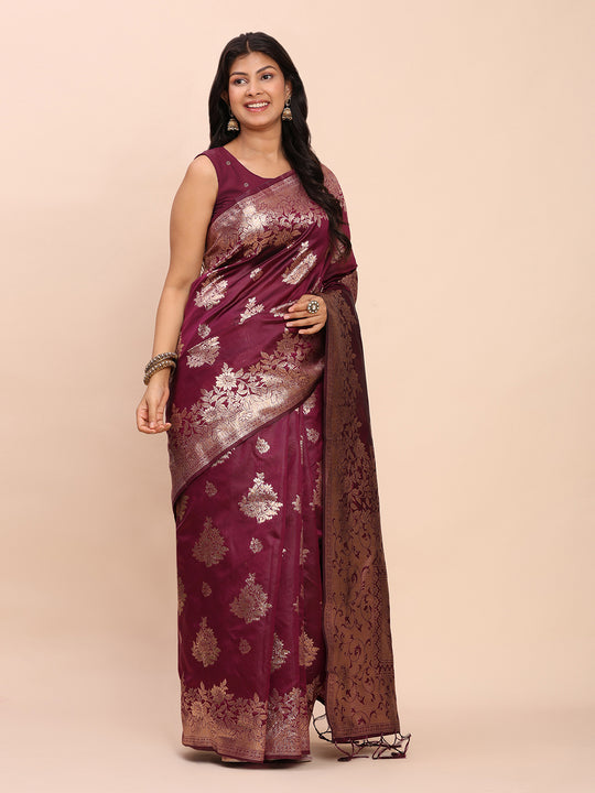 Purple Banarasi silk Saree With Blouse Piece