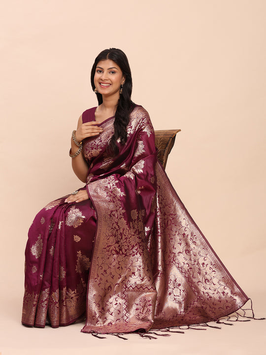 Purple Banarasi silk Saree With Blouse Piece