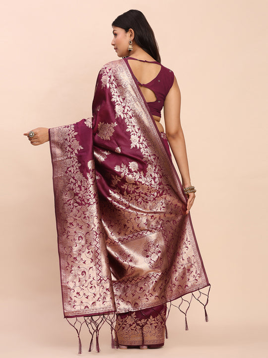 Purple Banarasi silk Saree With Blouse Piece
