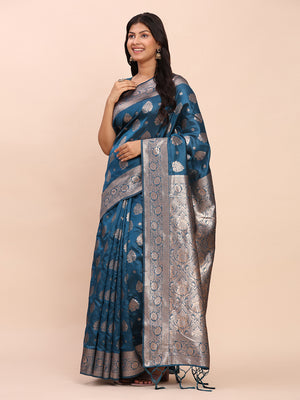 Teal Blue Banarasi silk Saree With Blouse Piece
