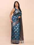 Teal Blue Banarasi silk Saree With Blouse Piece