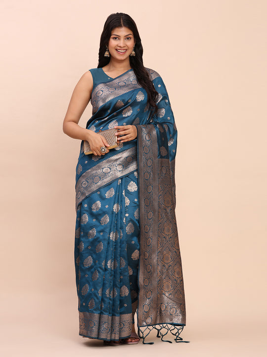 Teal Blue Banarasi silk Saree With Blouse Piece