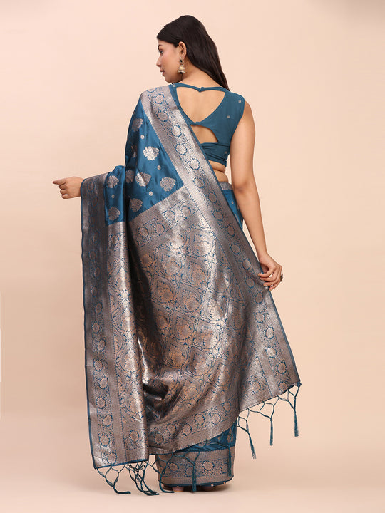 Teal Blue Banarasi silk Saree With Blouse Piece