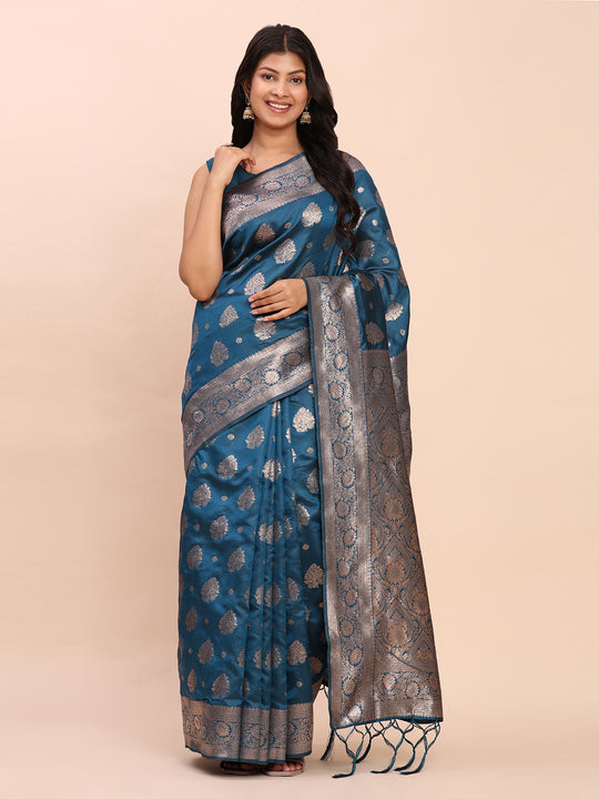 Teal Blue Banarasi silk Saree With Blouse Piece