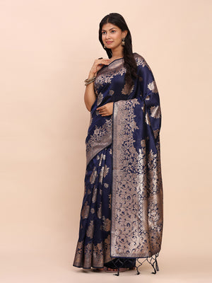 Navy Blue Banarasi silk Saree With Blouse Piece
