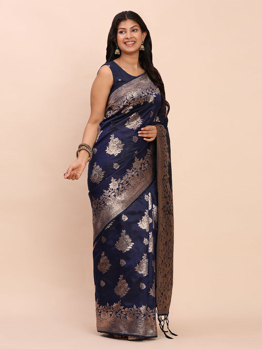Navy Blue Banarasi silk Saree With Blouse Piece