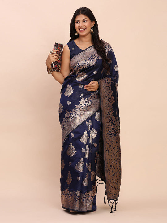 Navy Blue Banarasi silk Saree With Blouse Piece