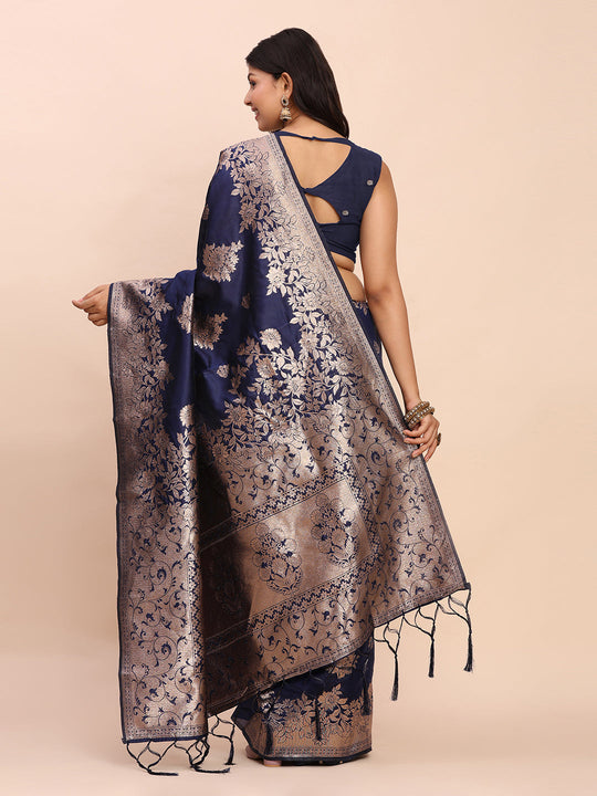 Navy Blue Banarasi silk Saree With Blouse Piece