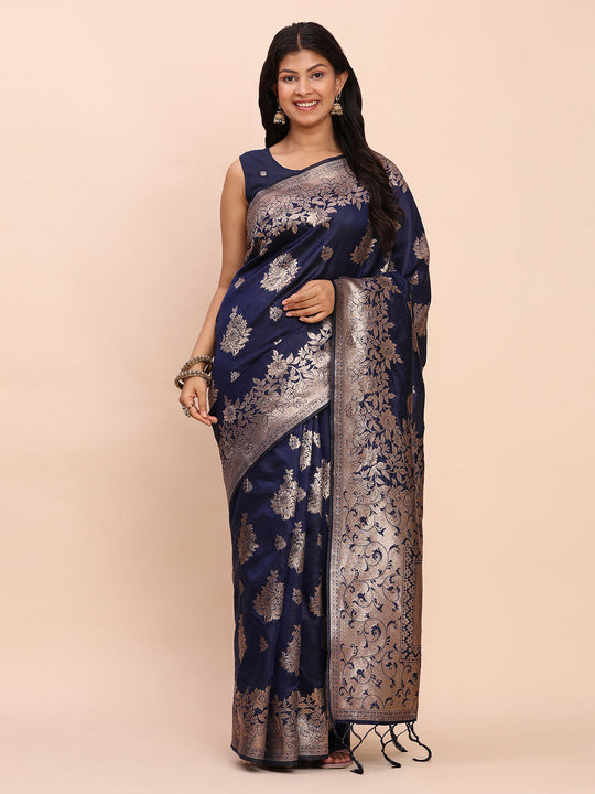 Navy Blue Banarasi silk Saree With Blouse Piece