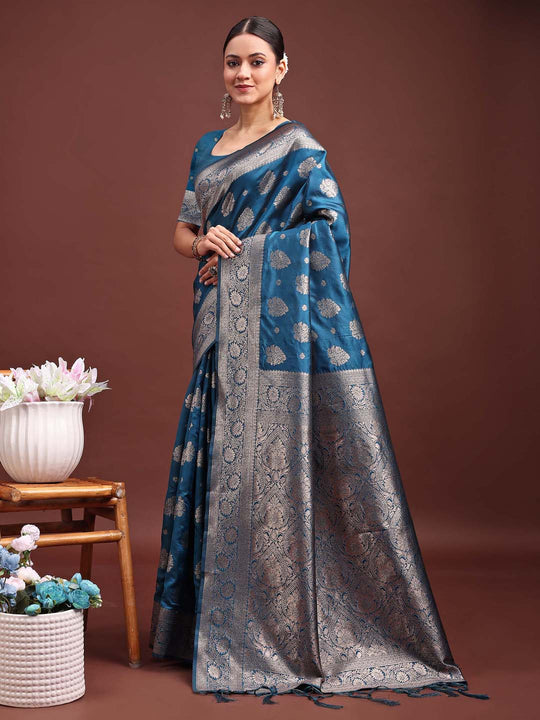 Teal Blue Banarasi Silk Saree With Blouse Piece