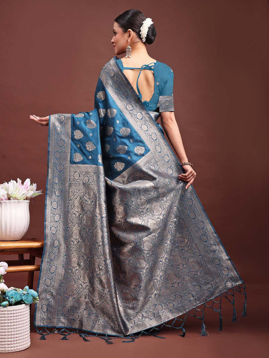 Teal Blue Banarasi Silk Saree With Blouse Piece