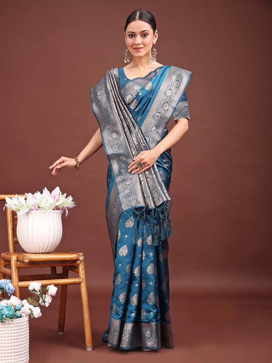Teal Blue Banarasi Silk Saree With Blouse Piece