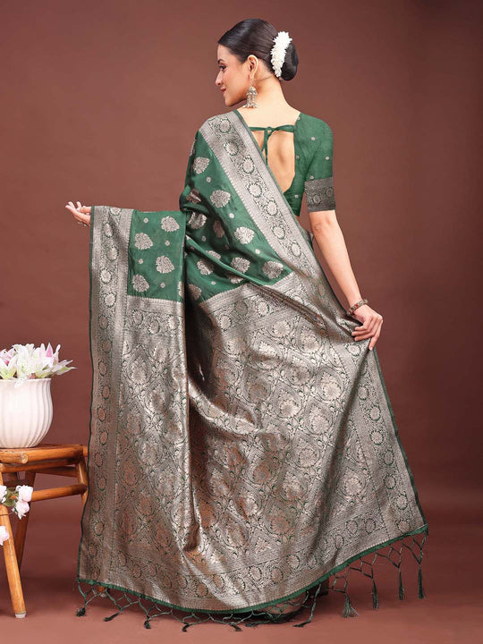 Dark Green Banarasi Silk Saree With Blouse Piece