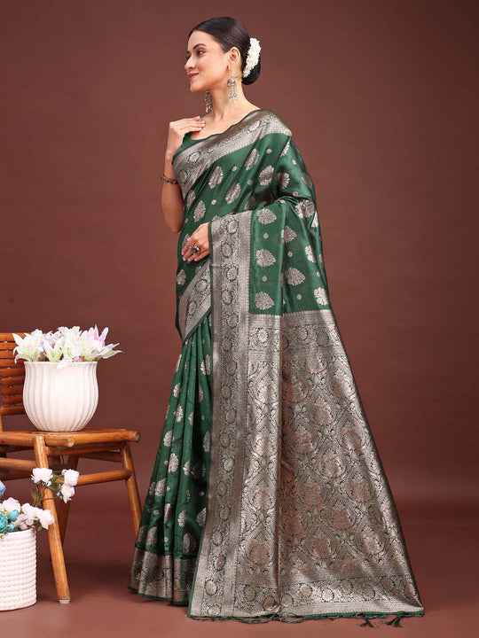 Dark Green Banarasi Silk Saree With Blouse Piece
