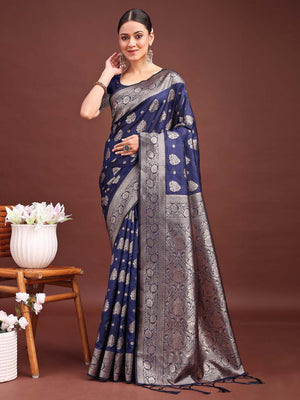 Navy Blue Banarasi Silk Saree With Blouse Piece